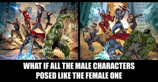 How the Avengers might look if the male gaze was also applied to them, according to The Hawkeye Initiative.